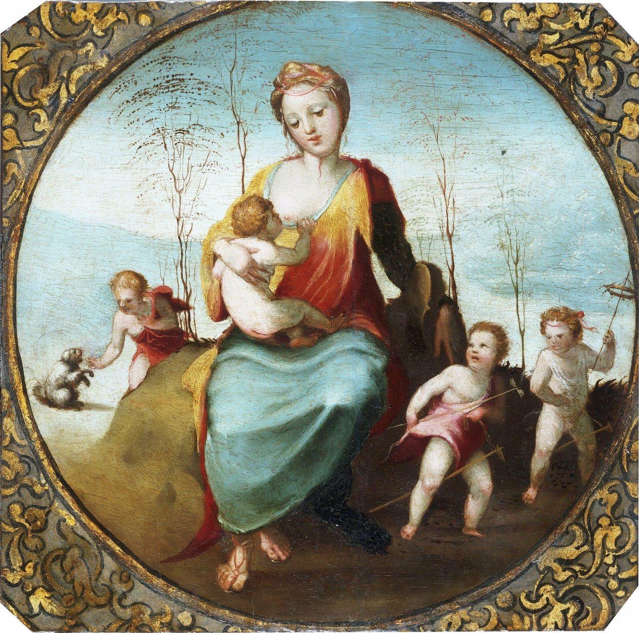 Beccafumi - Velgørenhed, der ammer et barn og er omgivet af tre børn, der leger med en hund og kæpheste, ca. 1525 (beskåret) af Domenico Beccafumi