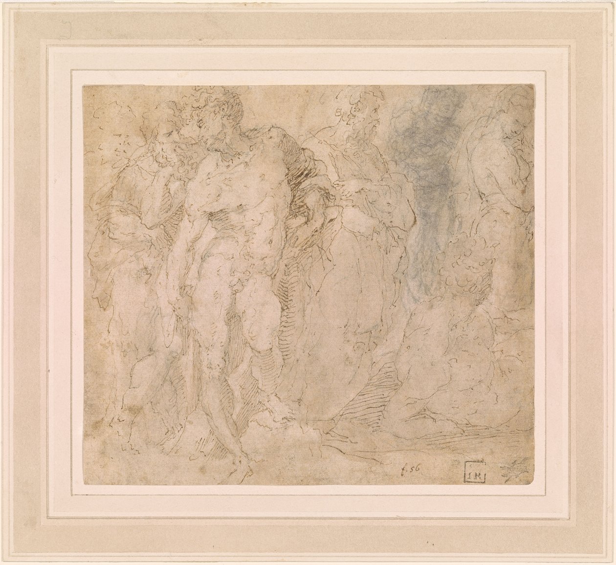 Beccafumi - Stående mandlig nøgen blandt en gruppe figurer, en af dem liggende, ca. 1530-1540 af Domenico Beccafumi