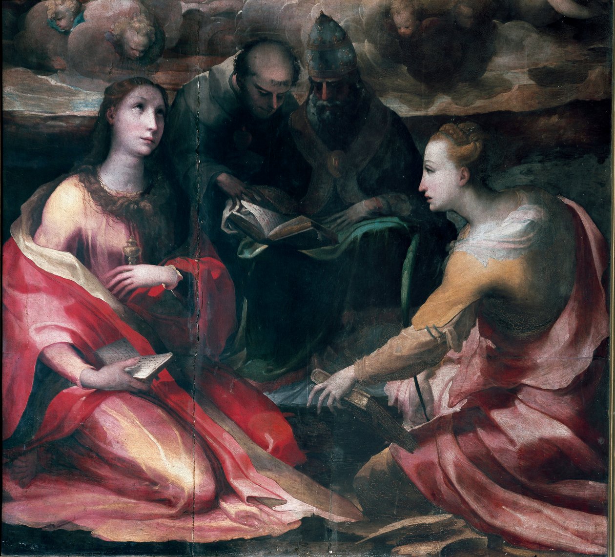 Kristus, der kroner Jomfru Maria og fire hellige, detalje: Sankt Maria Magdalena, Sankt Antonius af Padova (san antonio di padova), pave Sankt Gregoire I eller Den Store og Sankt Katarina af Alexandria. Maleri af Domenico Beccafumi (1486-1551) af Domenico Beccafumi