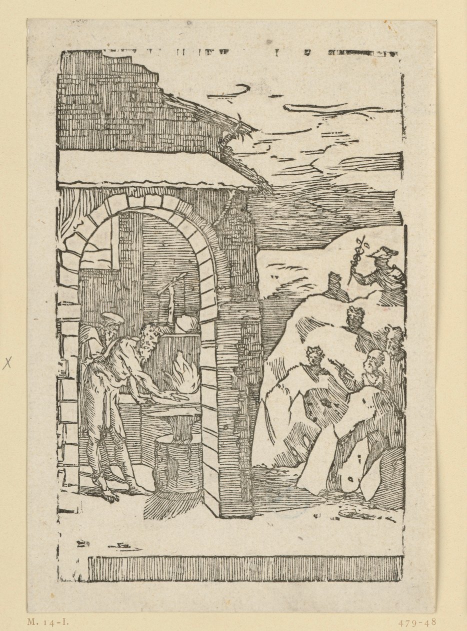 Metallernes kald. Hefaistos (Vulkan) og en lærd står ved ilden i en smedje, mens guderne (som repræsentanter for metallerne) er skjult ude i klipperne: Saturn (bly), Jupiter (tin), Venus (kobber), Luna (sølv), Merkur (kviksølv af Domenico Beccafumi