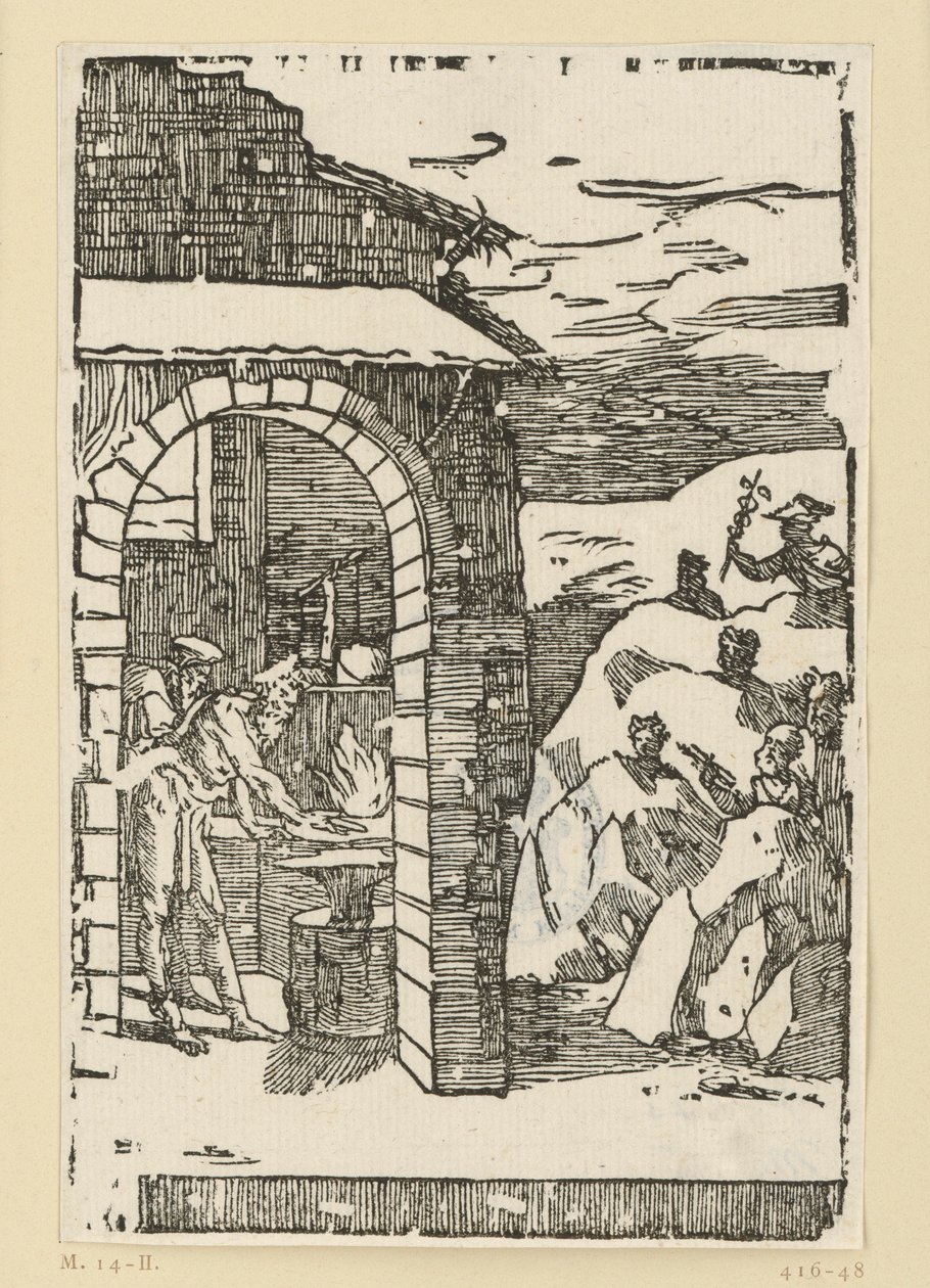 Metallernes kald. Hefaistos (Vulkan) og en lærd står ved ilden i en smedje, mens guderne (som repræsentanter for metallerne) er skjult ude i klipperne: Saturn (bly), Jupiter (tin), Venus (kobber), Luna (sølv), Merkur (kviksølv af Domenico Beccafumi