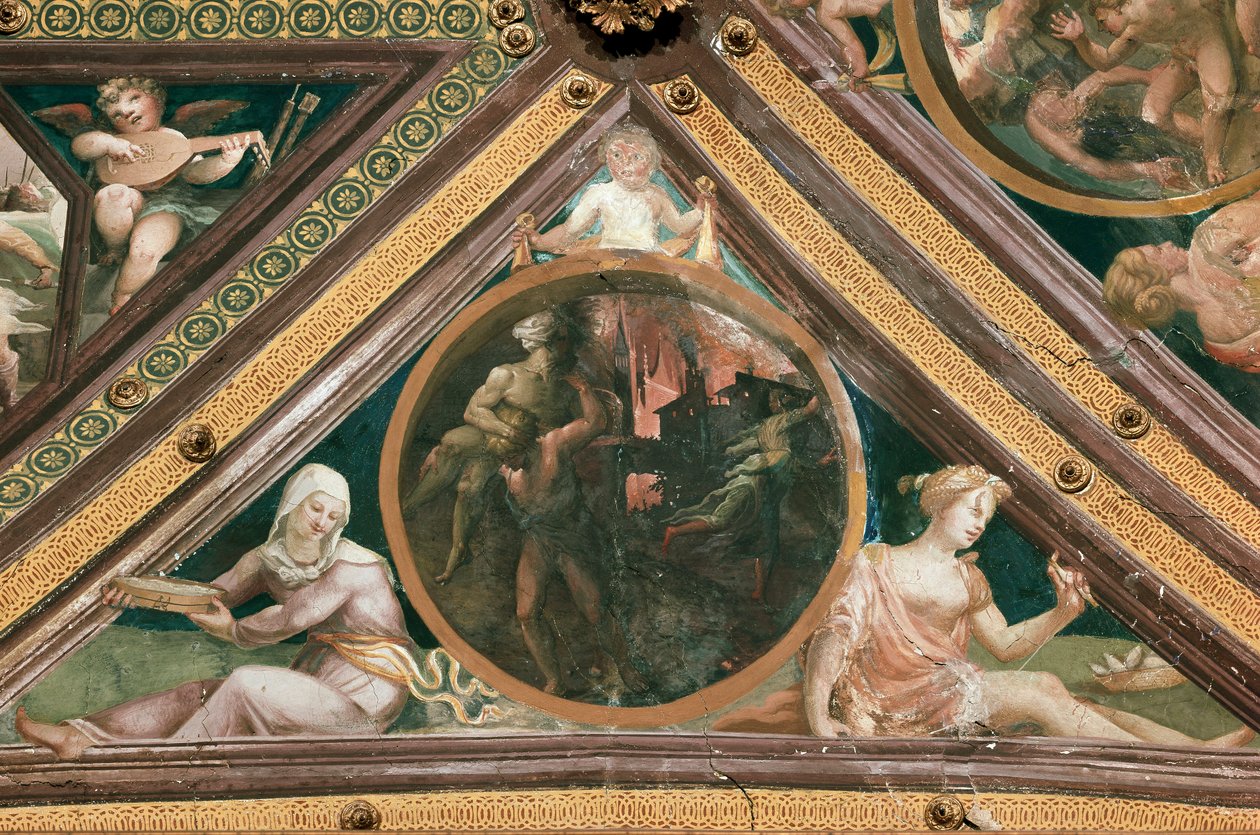 Enee redder Anchise fra ilden fra Trojan Fresco af Domenico Beccafumi (1486-1551) af Domenico Beccafumi