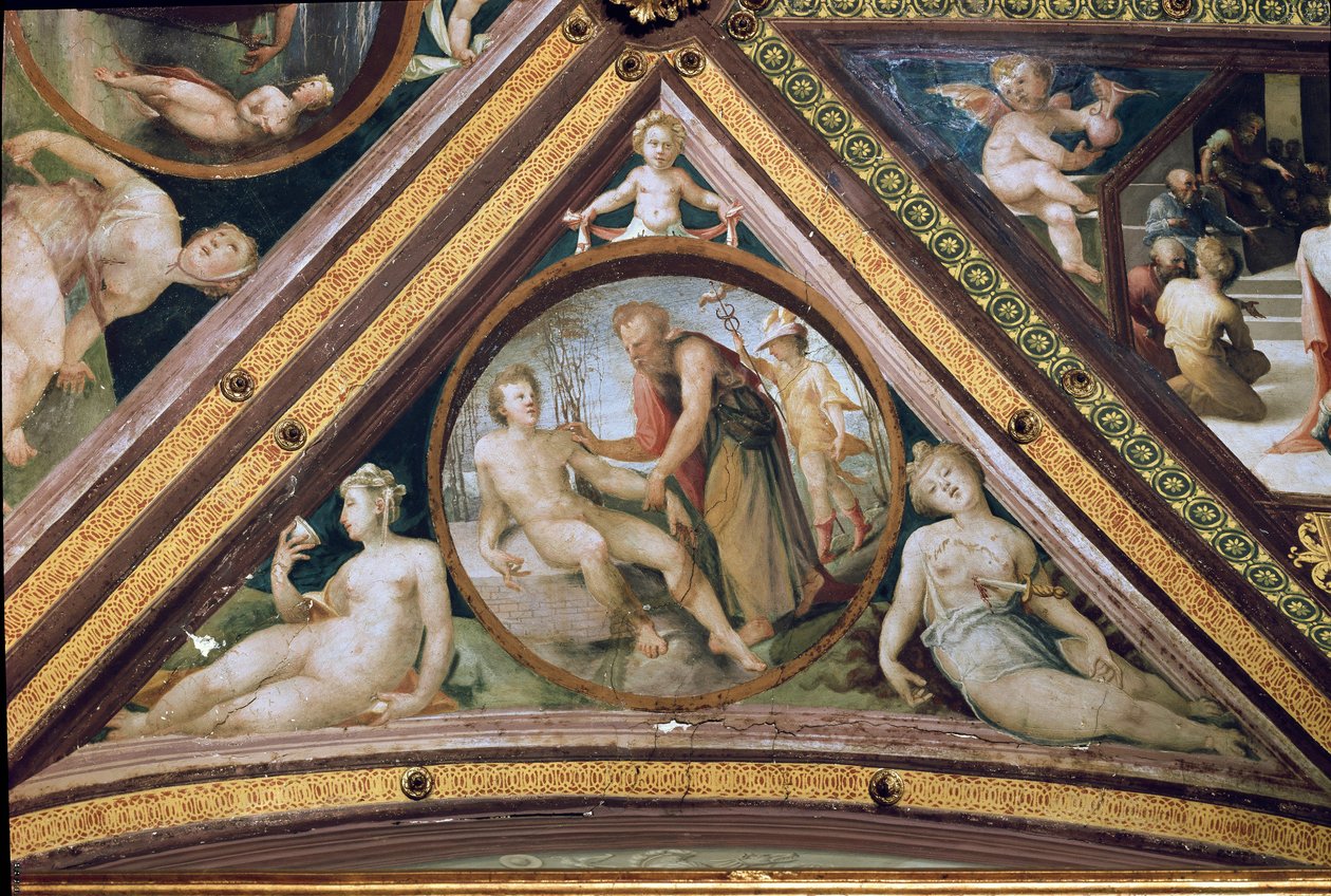 Promethee skaber mennesket under Merkurs blik, der holder en løvfældende og iført hjelm og sandaler vinger Fresco af Domenico Beccafumi (1486-1551) af Domenico Beccafumi