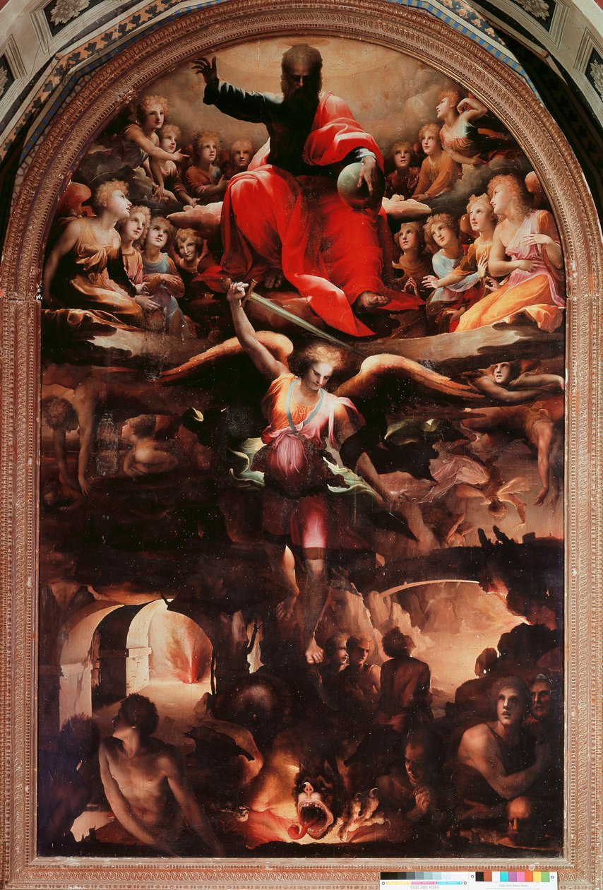 Saint Michael Chasing Rebel Angels Maleri af Domenico Beccafumi (1486-1551) 1526-1530 ca. Sol. 348x225 cm. Siena, Chiesa di San Niccolo al Carmine af Domenico Beccafumi