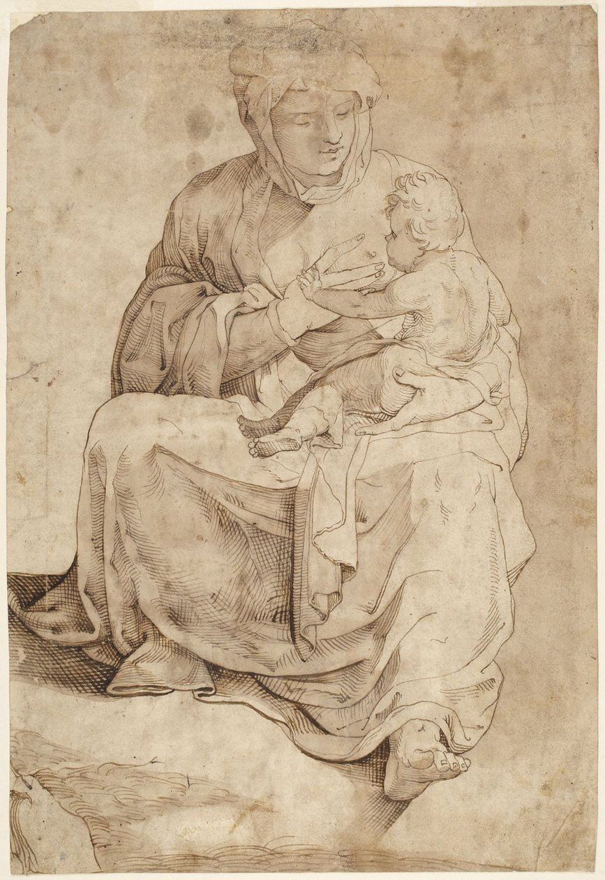 Siddende Madonna, der ammer barnet, fra et indlagt gulvpanel i Siena Duomo af Domenico Beccafumi