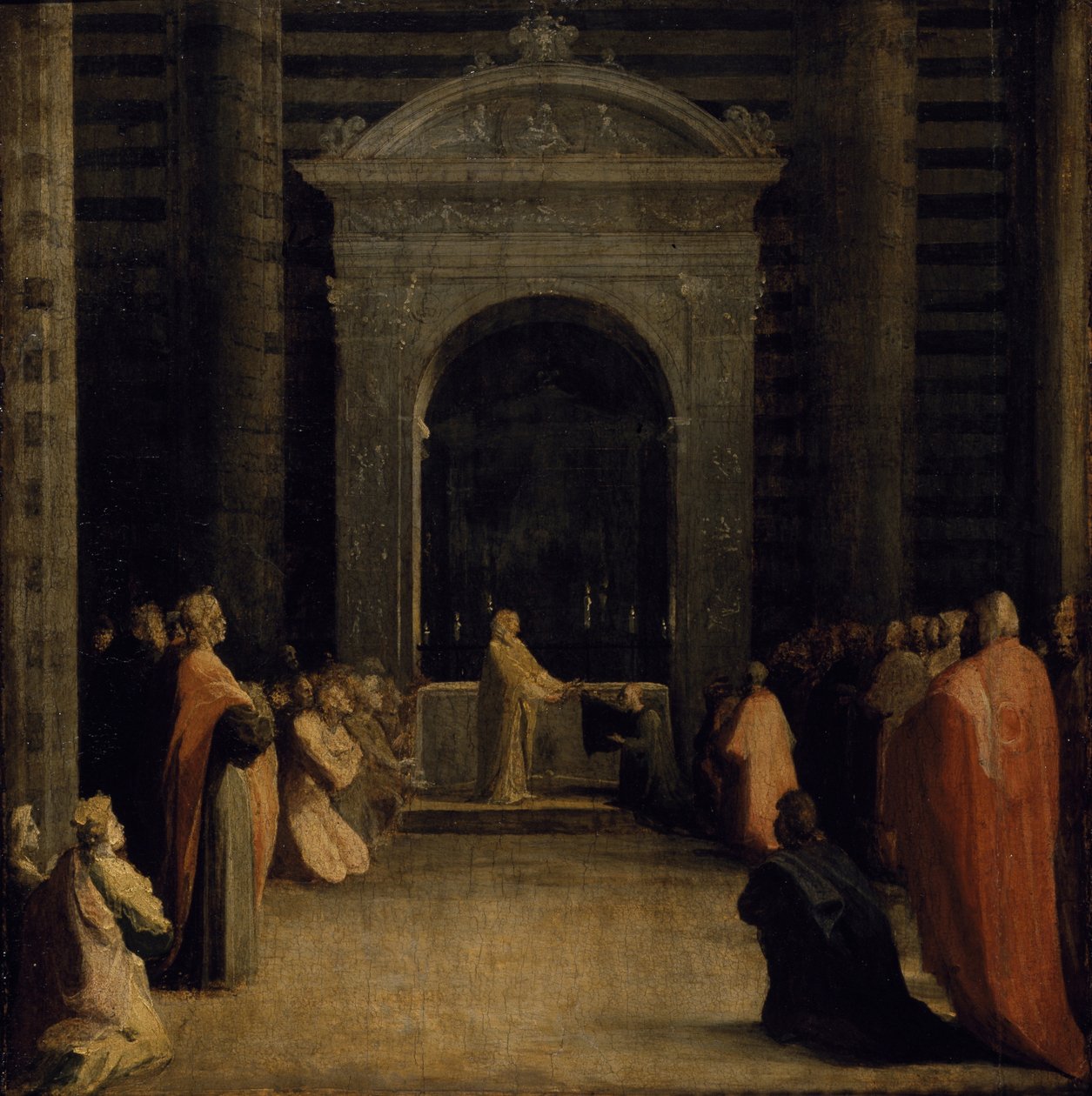 Tilbuddet af nøglerne til byen Siena til jomfruen, på eller efter 1526 (olie på papir på træpanel) af Domenico Beccafumi