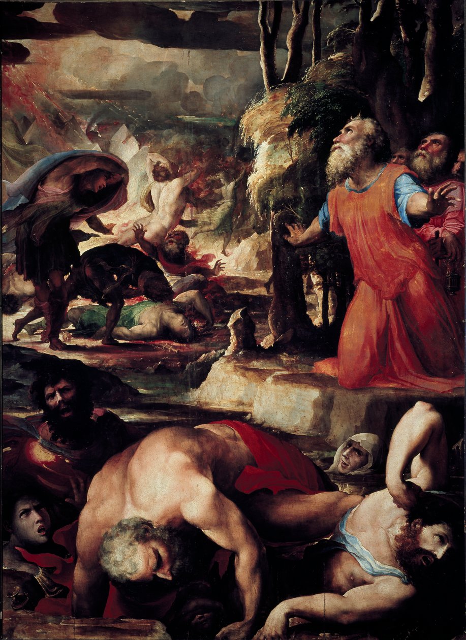 The Punishment of Core (Kore), Dathan (Datan, Nathan) og Aboron (Abiram) (The Punishment of Celestial Fire, episode af levitternes oprør mod Moses og lovens autoritet). Maleri af Domenico Beccafumi (1486-1551) af Domenico Beccafumi