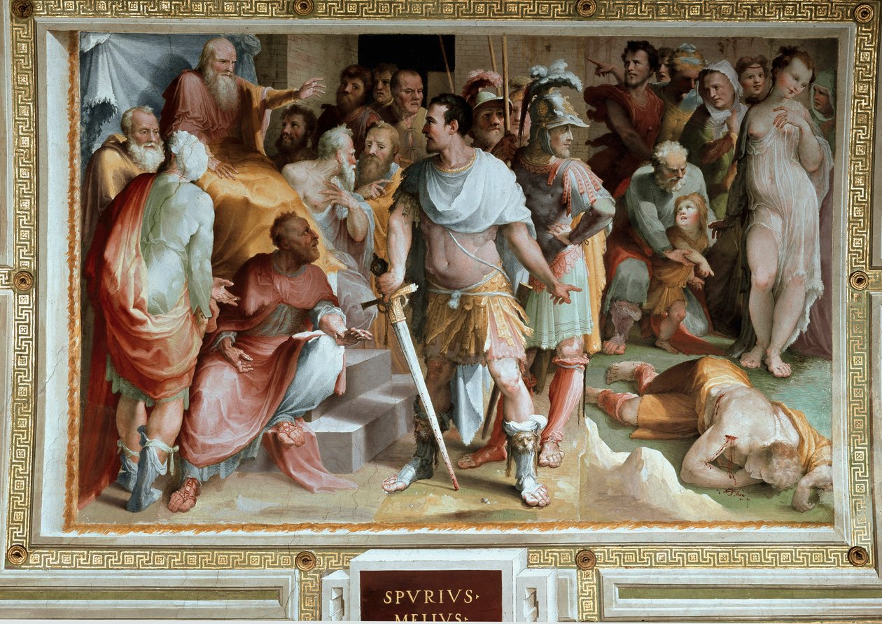 Mordet på den rige romerske Plebejanske Spurius Maelius (5. århundrede f.Kr.) Fresco af Domenico di Giacomo di Pace dit Beccafumi (1486-1551) 1529-1535 Siena, offentligt palads af Domenico Beccafumi