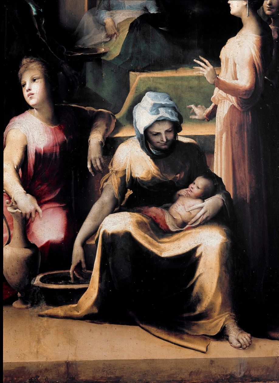 Jomfruens fødsel. Detalje, der viser en stuepige med den nye do. Maleri af Domenico Beccafumi (1486-1551), omkring 1540-1543. træ. Mål: 233x145 cm. Italien, Siena, National Pinacotheque (Siena, Pinacoteca Nazionale) af Domenico Beccafumi