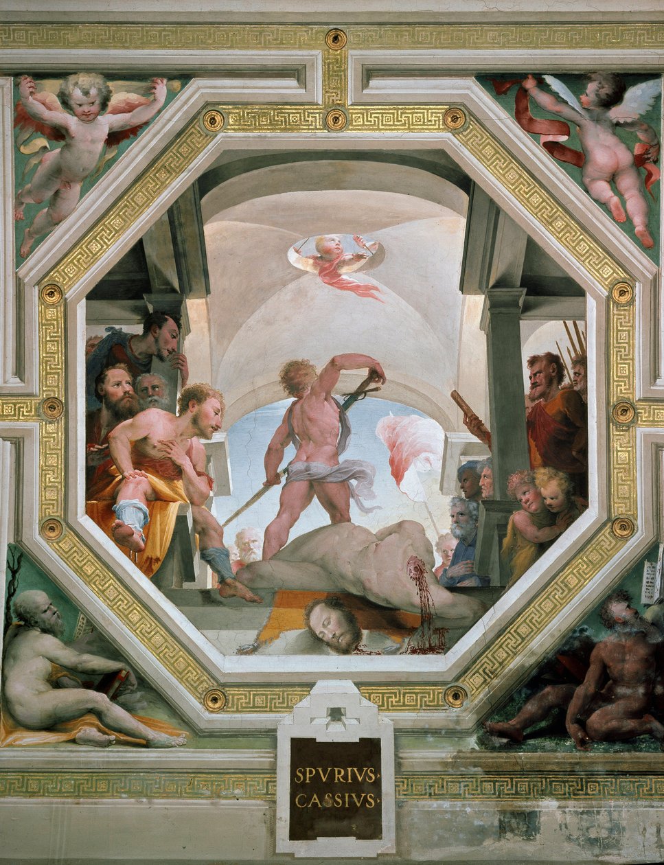 Halshugningen af ​​Spurius Cassius Vecellinus eller Viscellinus henrettet af sin far for at overveje at blive konge i 485 f.Kr. Fresco af Domenico di Giacomo di Pace dit Beccafumi (1486-1551) 1529-1535 Siena (Siena), Palazzo Pubblico af Domenico Beccafumi