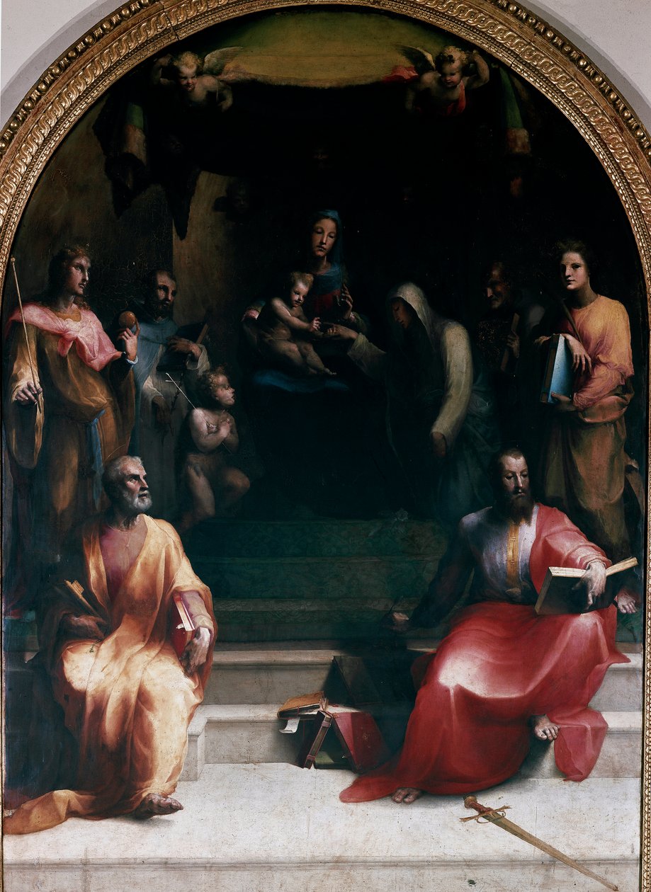 Det mystiske bryllup mellem St. Catherine af Siena og de hellige. Følgende er repræsenteret: St. Peter, St. Sigismond, St. Bernardino af Siena (Bernardino da Siena eller Bernardino degli Albizzeschi), St. Dominic of Guzman, St. Catherine of Alexandria, St. af Domenico Beccafumi