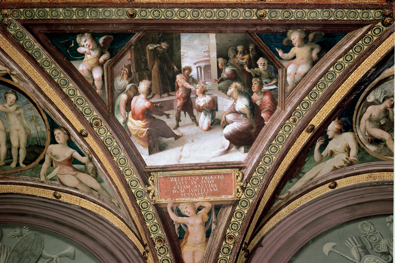 Ofringen af Seleucos de Locres (Seleucus de Locride) Seleucos, efter at have mistet et øje til sin søn, begår et offer for at retfærdiggøre brugen af det forbudte våben i Senatet. Fresco af Domenico di Giacomo di Pace dit Beccafumi (1486-1 af Domenico Beccafumi