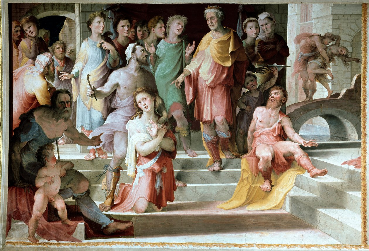 Ofringen af Seleucos de Locres (Seleucus de Locride) Seleucos for at blinde sin søn, for at straffe ham for en voldtægt, han havde begået, foretrækker at dø med et af hans øjne. Fresco af Domenico di Giacomo di Pace dit Beccafumi (1486-1551) 1529-1535 Sien af Domenico Beccafumi