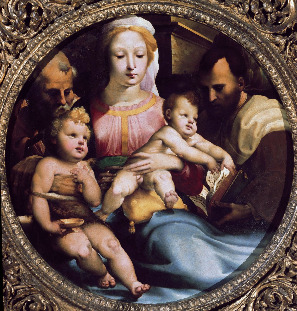 Tondo repræsenterer den hellige familie med Saint Giovanni (Saint John the Baptist) og en donor. Maleri af Domenico Beccafumi (1486-1551) af Domenico Beccafumi
