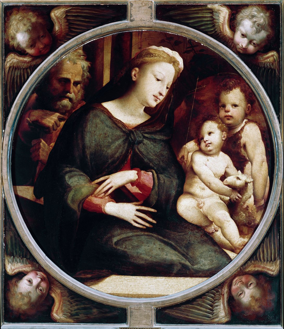 Tondo omgiver engle med Hellig Familie med Johannes Døberens barn. Maleri af Domenico Beccafumi (1486-1551), omkring 1521-1522. træ. Diameter: 88 cm. Italien, Firenze, Pitti-paladset, Palatinergalleriet. Firenze, Palazzo Pitti, Galleria Palatina af Domenico Beccafumi