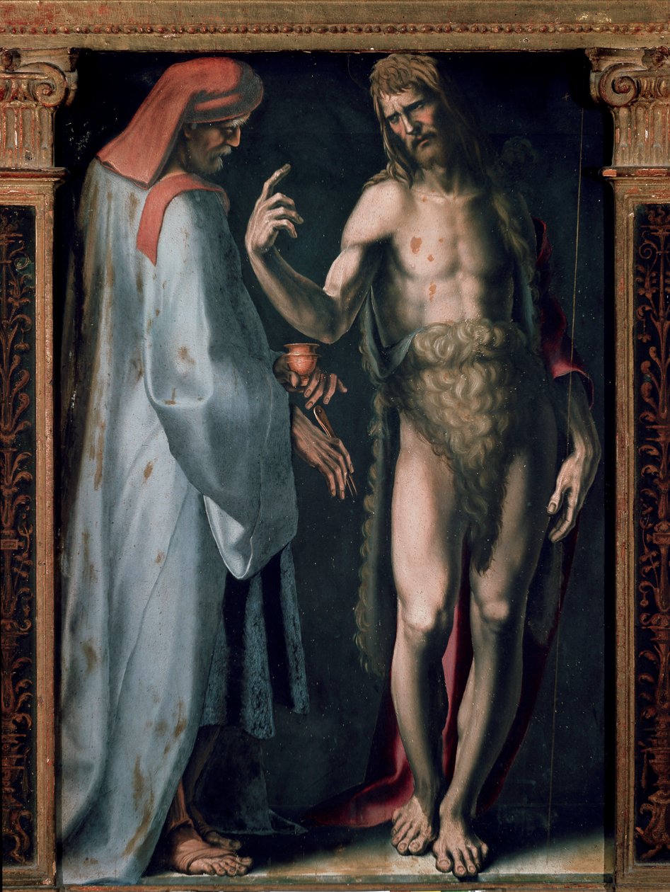 Treenighedens Triptykon, Detalje venstre panel: Sankt Cosimo (Kom eller Cosimo) og Sankt Johannes Døberen. Maleri af Domenico Beccafumi (1486-1551) af Domenico Beccafumi