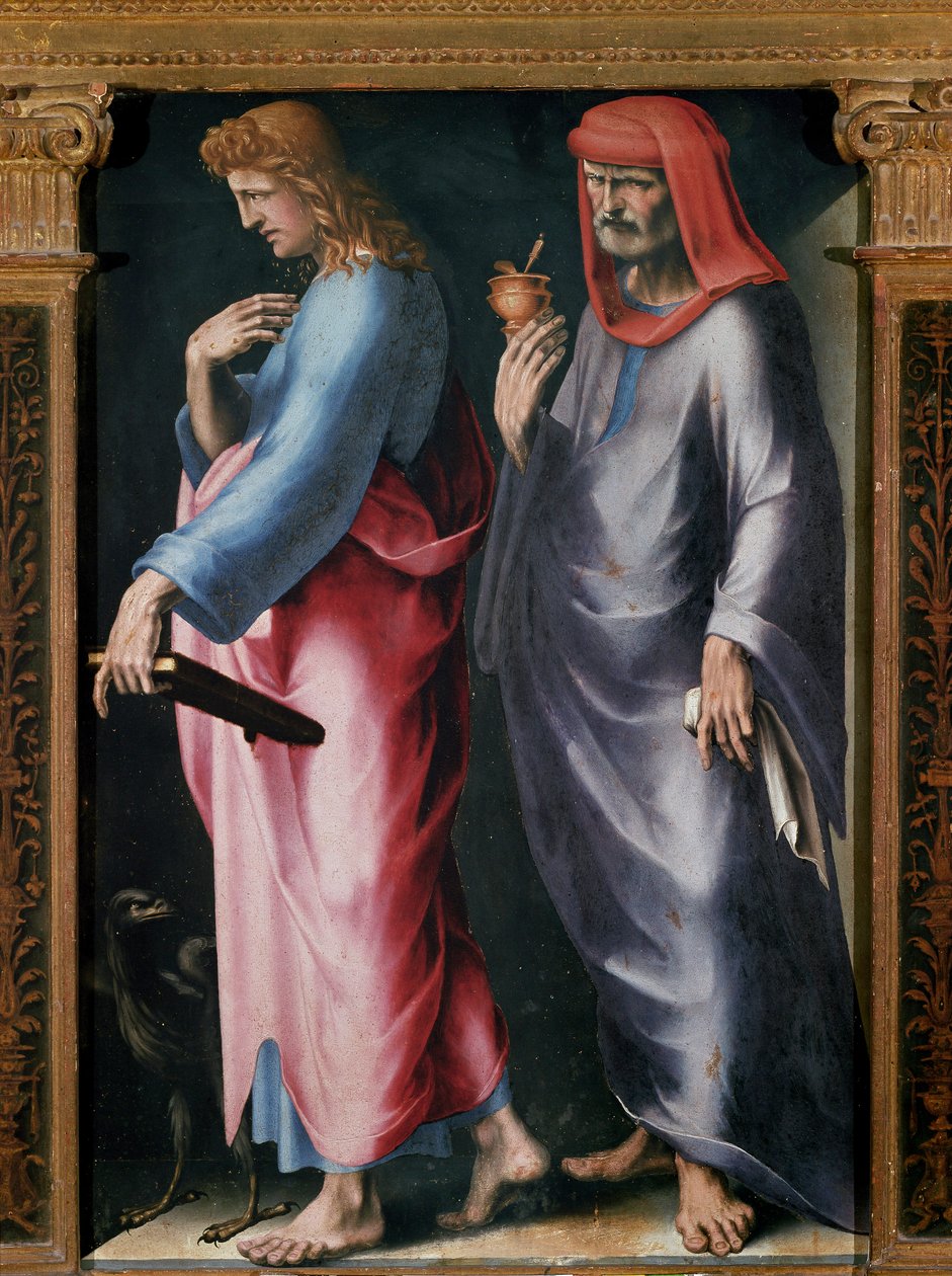 Treenighedens Triptykon, Detalje højre panel (Saint John the Evangelist og Saint Damien). Maleri af Domenico Beccafumi (1486-1551) af Domenico Beccafumi