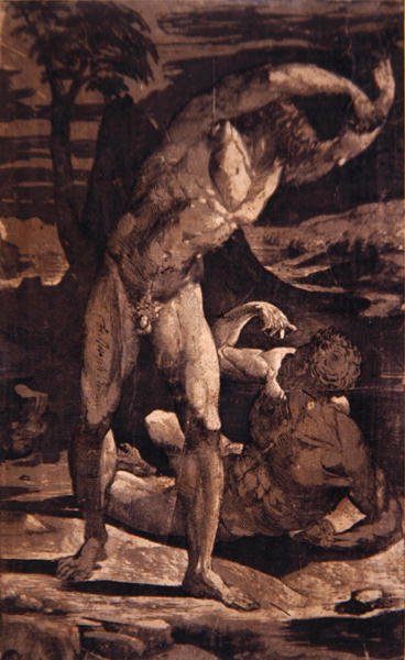 To mandlige nøgenbilleder i et landskab, ca. 1540-80 (gravering og træblok) af Domenico Beccafumi