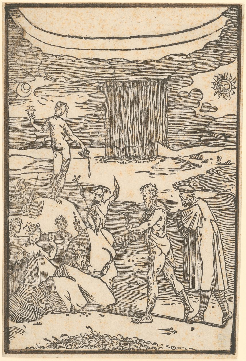 Vulkan og filosofen (Teoria) begiver sig ud på en søgen efter de metaller, der er indkapslet i klipperne, blad 2 i serien »De la Pirotechnia« af Domenico Beccafumi