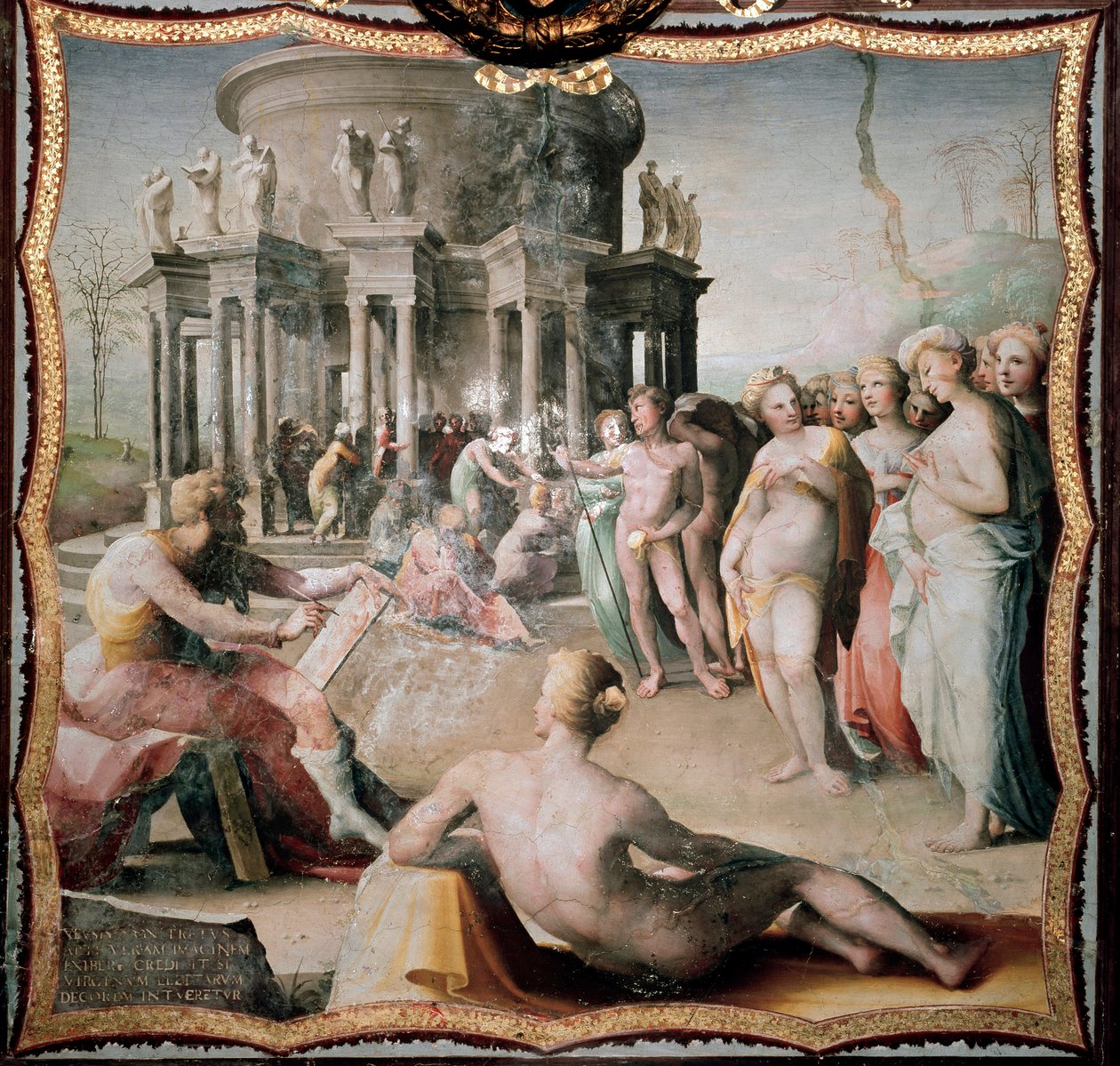 Zeuxis (eller Zeuxippos, græsk maler af Heraclee, 464-398 f.Kr.) malede portrættet af Helene til Heras tempel i Crotone. Maleri af Domenico Beccafumi (1486-1551) af Domenico Beccafumi