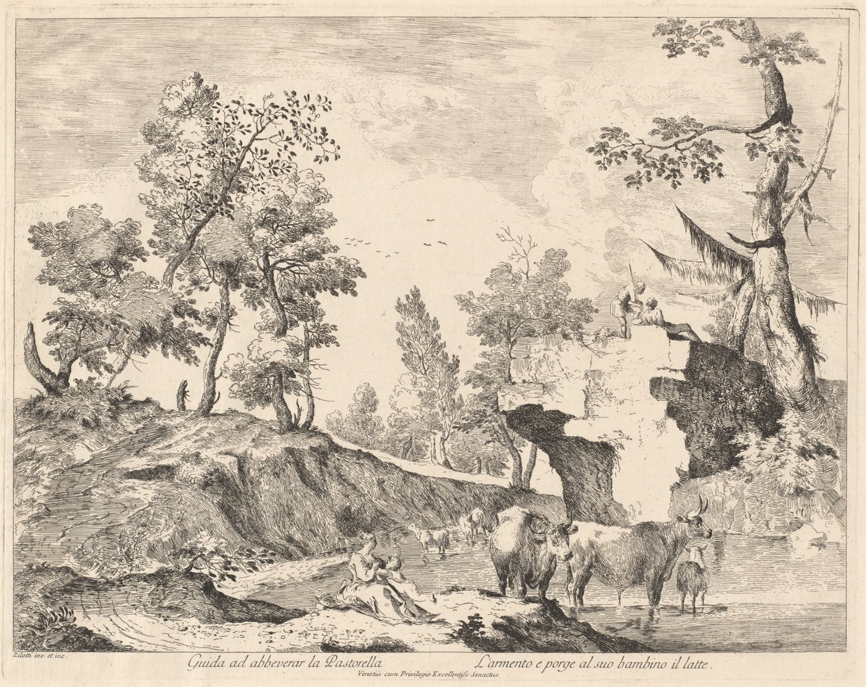 Landskab med hyrdinde og flok ved et vandhul af Domenico Bernardo Zilotti