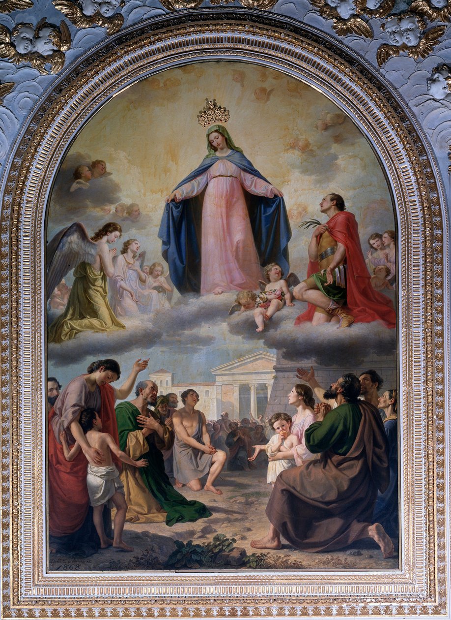 Vor Frue af Raccomandati. Jomfruen (med en hævet krone) Beskyttelse af en befolkning i nød (olie på lærred af Domenico Caldara