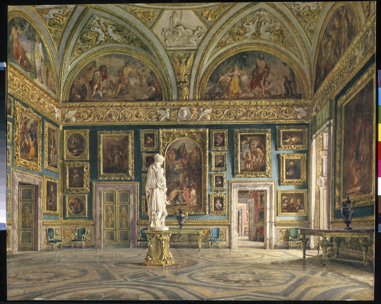 Hall of the Iliaden (Palatine Gallery) i Pitti Palace i Firenze (Italien) (The Hall of the Iliaden ved Pitti Palace i Firenze). Maleri af Domenico Caligo (?-1880), olie på lærred. Italiensk kunst, anden halvdel af det 19. århundrede, neoklassicisme. Stat h af Domenico Caligo