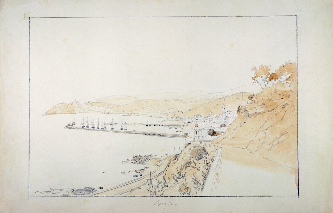 Porto Maurizio set fra Oneglia, ca 1859, af Pasquale Domenico Cambiaso (1811-1894), Italien Blyant og akvarel. af Domenico Cambiaso