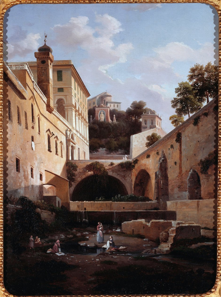 Udsigt over en side af villa del Principe eller palazzo di Andrea Doria a Genes, Italien (Udsigt af en side af villa del principe Doria, Genova) Maleri af Domenico Cambiaso (1811-1894) af Domenico Cambiaso