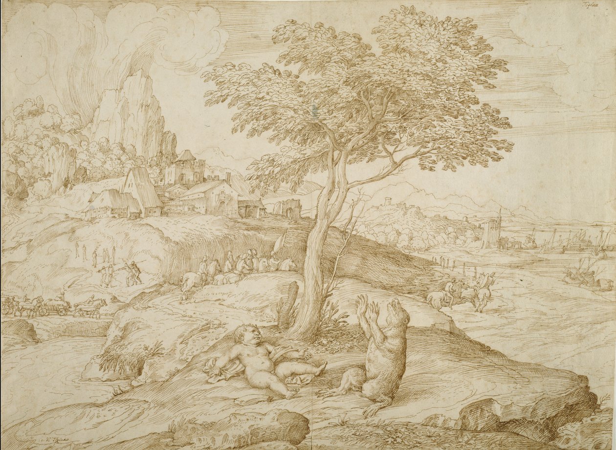 Callistos transformation til en bjørn efter fødslen til Arcas, ca. 1558 (pen & brunt blæk på cremepapir) af Domenico Campagnola