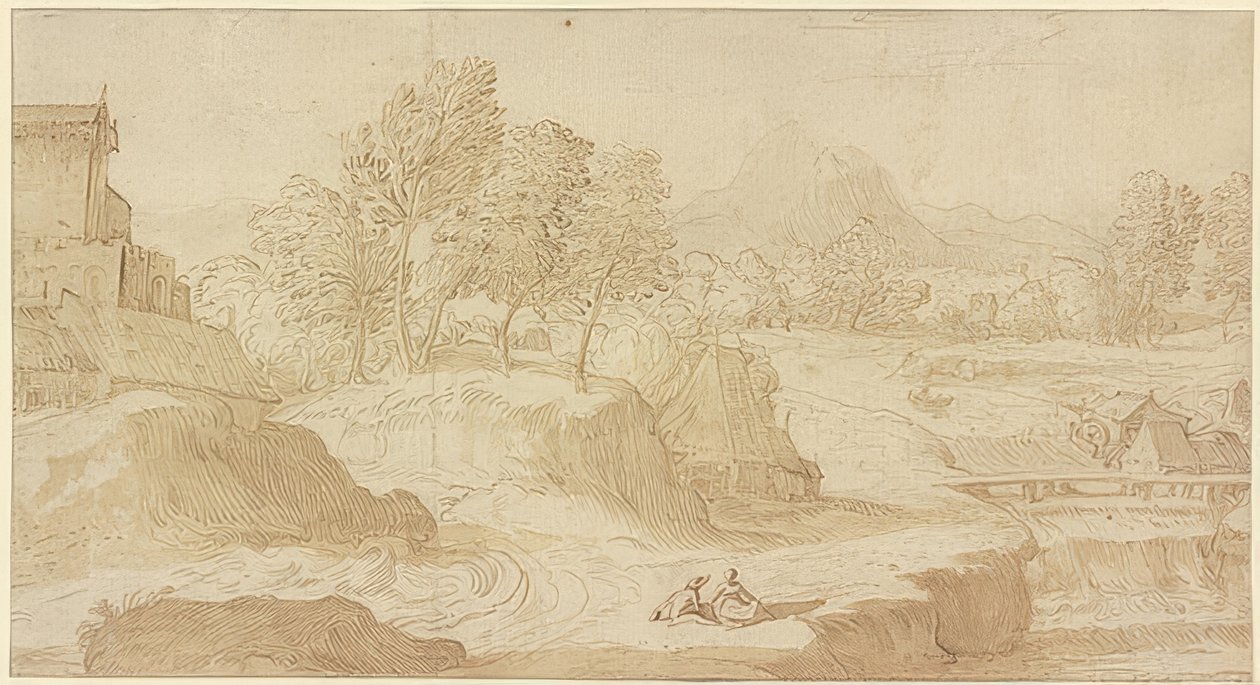 Figurlandskab, til højre en flod med bro nær møller, foran to siddende figurer af Domenico Campagnola