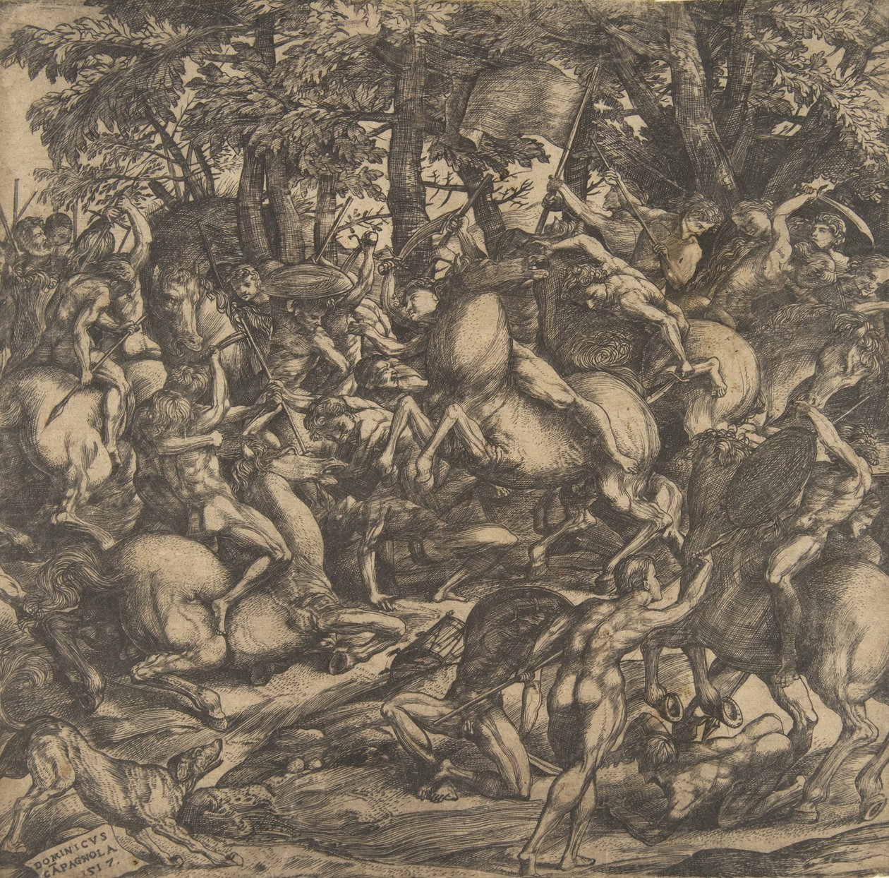 Gruppe af nøgne mænd engageret i kamp i et skovklædt landskab, nogle på hesteryg, en hund på..., 1517. af Domenico Campagnola