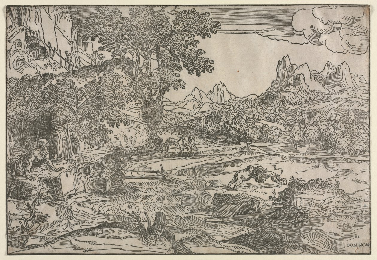 Landskab med Sankt Hieronymus og to løver af Domenico Campagnola