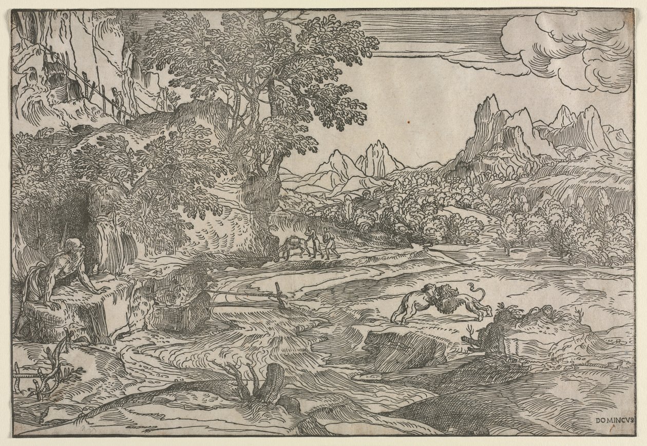 Landskab med Sankt Hieronymus og to løver, ca. 1530-35. af Domenico Campagnola