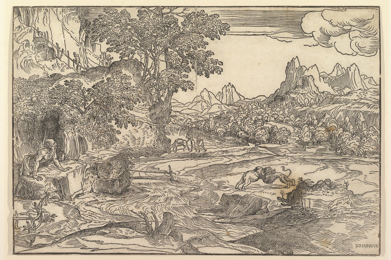 Landskab med Sankt Hieronymus til venstre, der ser mod løve og bjørn, der kæmper ved cente..., ca. 1530-35. af Domenico Campagnola