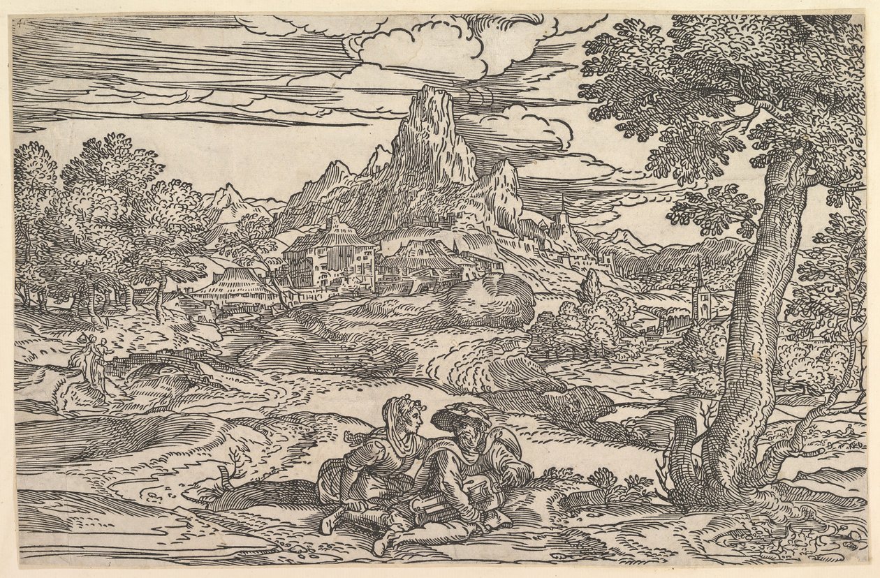 Landskab med en kvinde siddende ved siden af en mand, der spiller en drej, ca. 1540. af Domenico Campagnola