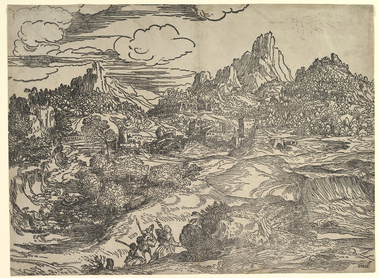Landskab med familie gående sammen i forgrunden, til venstre to figurer med ..., ca. 1535-40. af Domenico Campagnola