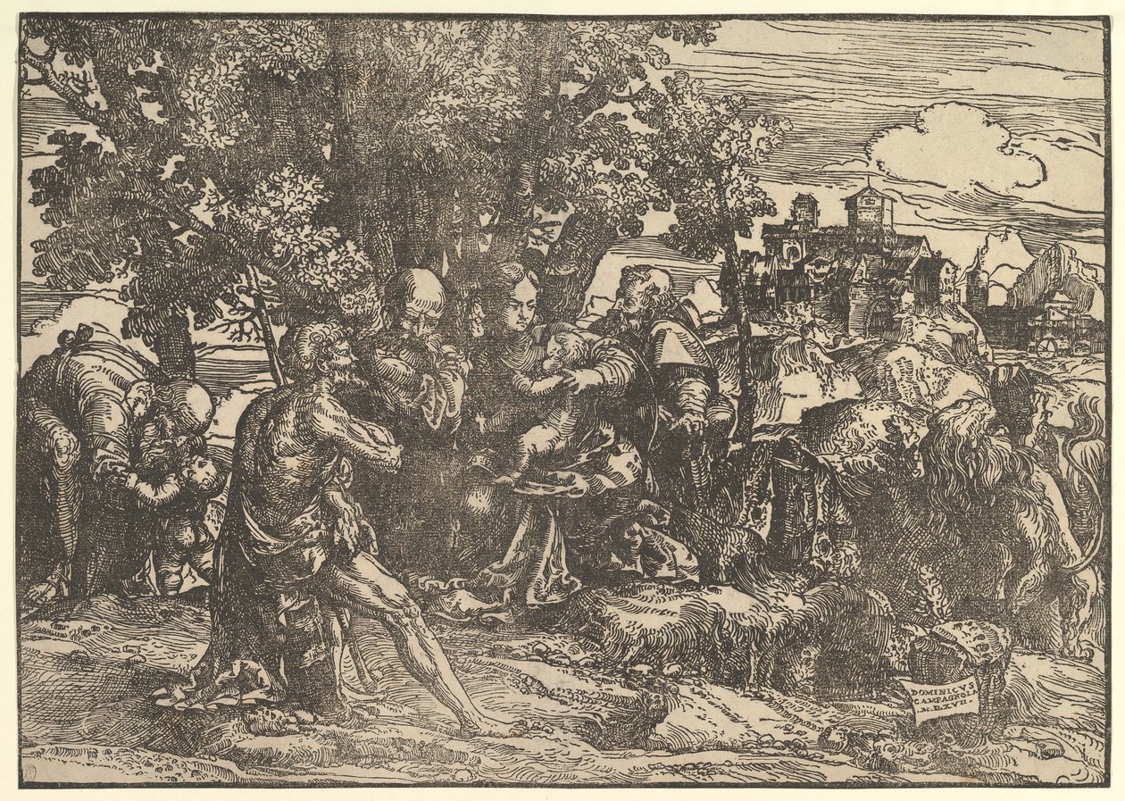 Maria sad under træer med baby, flankeret af Joseph til venstre og St. Hieronymus til højre, St..., 1517. af Domenico Campagnola