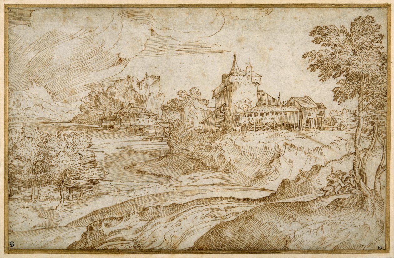 Bjerglandskab med et slot og andre bygninger ved en flod; en mand, der skynder sig en kvinde, til højre, ca. 1540 (pen & brunt blæk på hvidt papir) af Domenico Campagnola