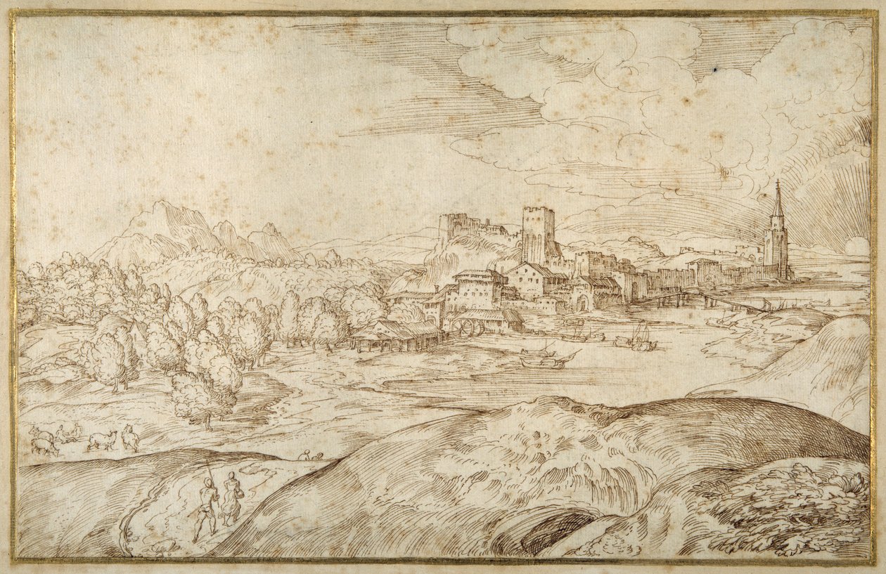 Bjerget landskab med en flod og en befæstet by med et tårn med spir (pen og brunt blæk på hvidt papir) af Domenico Campagnola