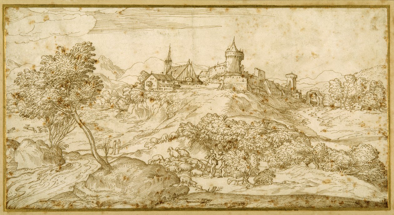 Bjergrigt landskab med en bjergomgivet by: en hyrde tiltalt, mens han passer sin flok i forgrunden (pen og brunt blæk på papir) af Domenico Campagnola