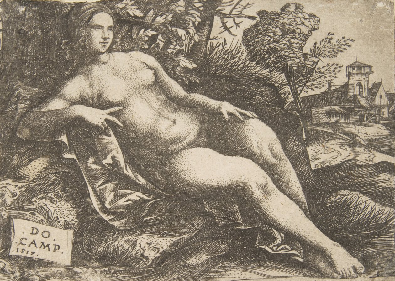 Nøgen kvinde Venus tilbagelænet i et landskab, 1517. af Domenico Campagnola