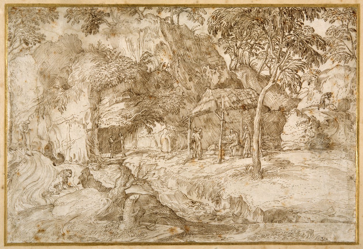 Pilgrimme, der besøger St. Jerome i ørkenen (pen og brunt blæk på hvidt papir) af Domenico Campagnola