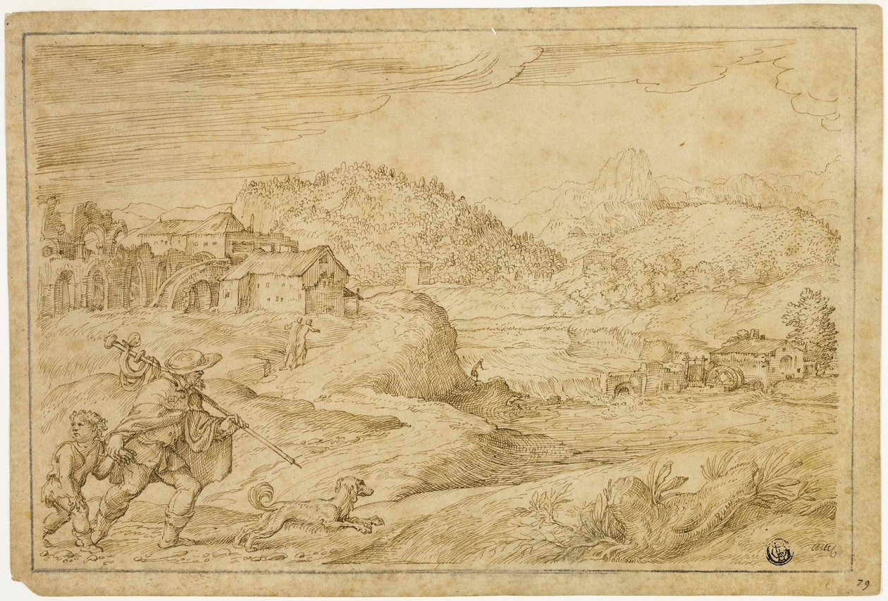 Flodlandskab med Saint Roch og et barn, der rejser med hund af Domenico Campagnola