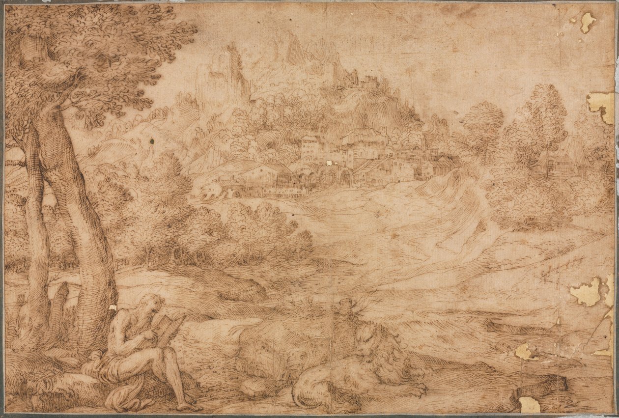 Sankt Hieronymus i et landskab, ca. 1530. af Domenico Campagnola