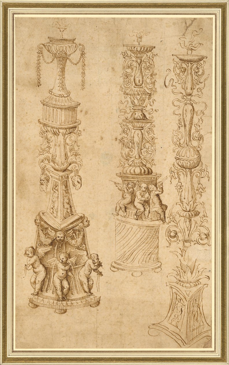Studier af tre lysestager af Domenico Campagnola