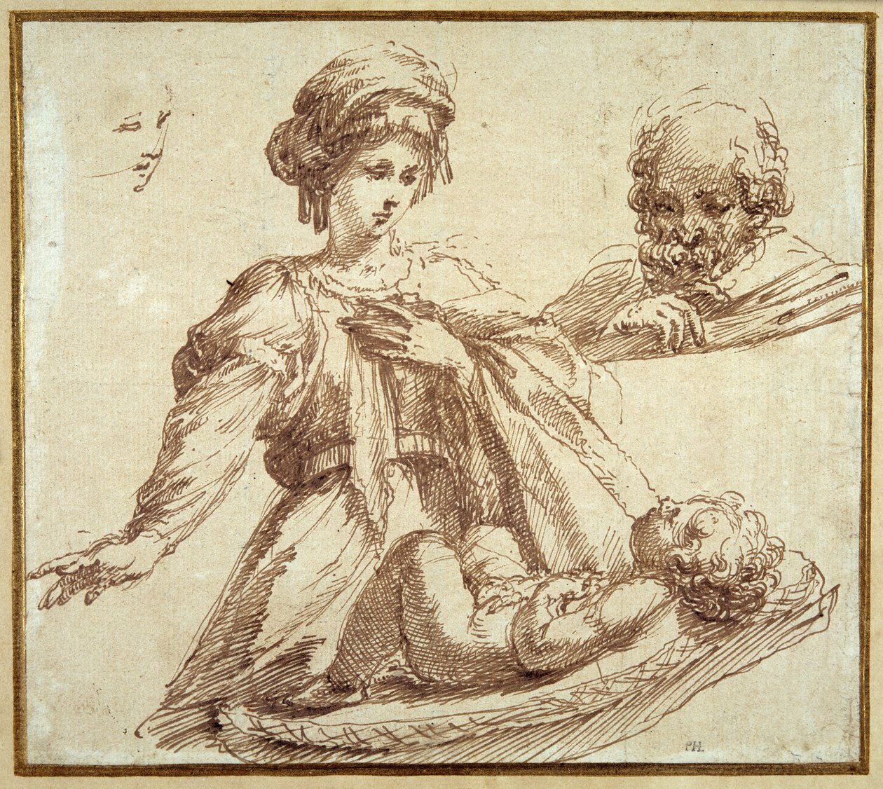 Den hellige familie (pen og blæk på papir) af Domenico Campagnola