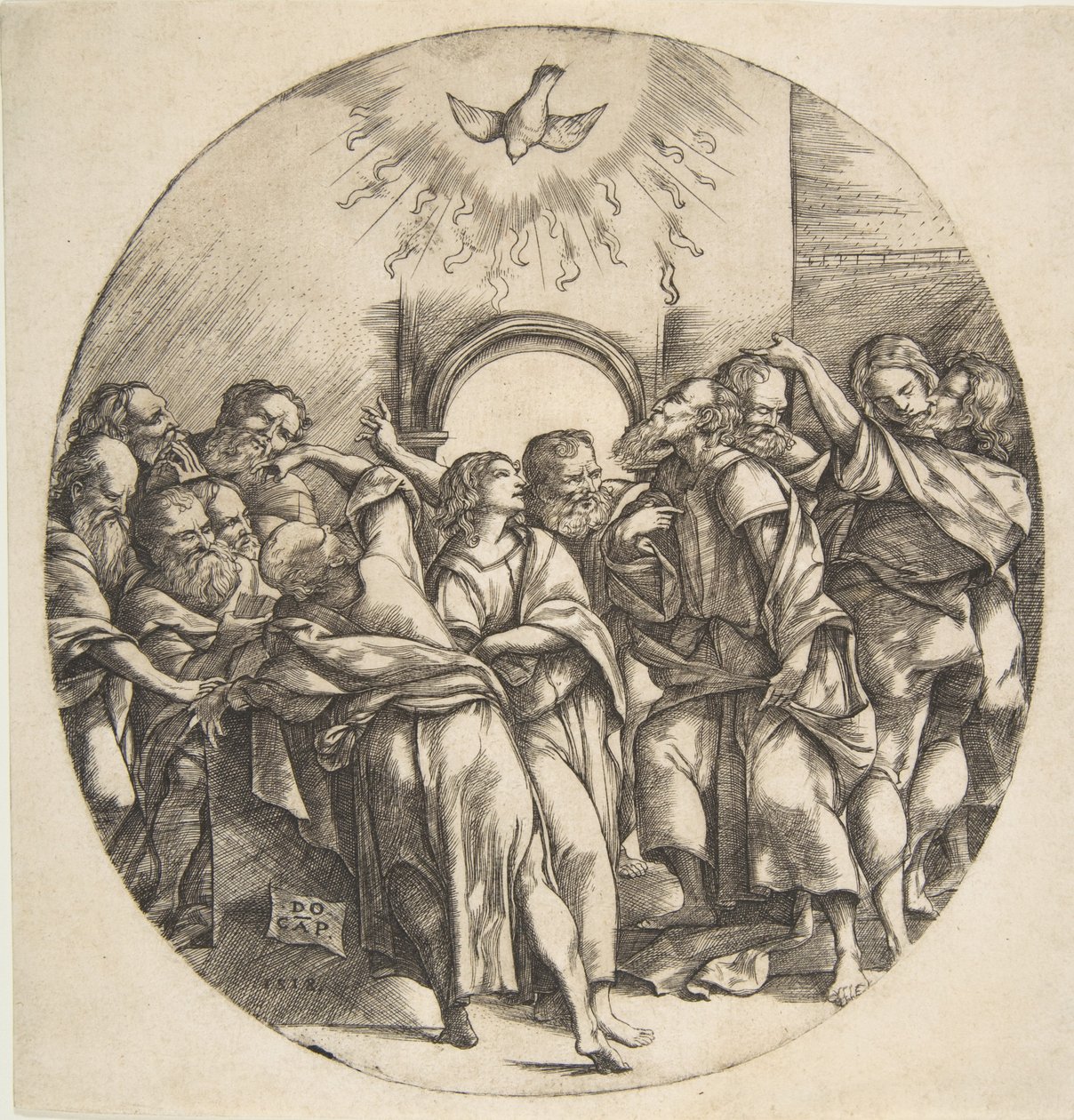Helligånden som en fugl, der stiger ned med spredte vinger øverst i midten, de tolv apostle ..., 1518. af Domenico Campagnola