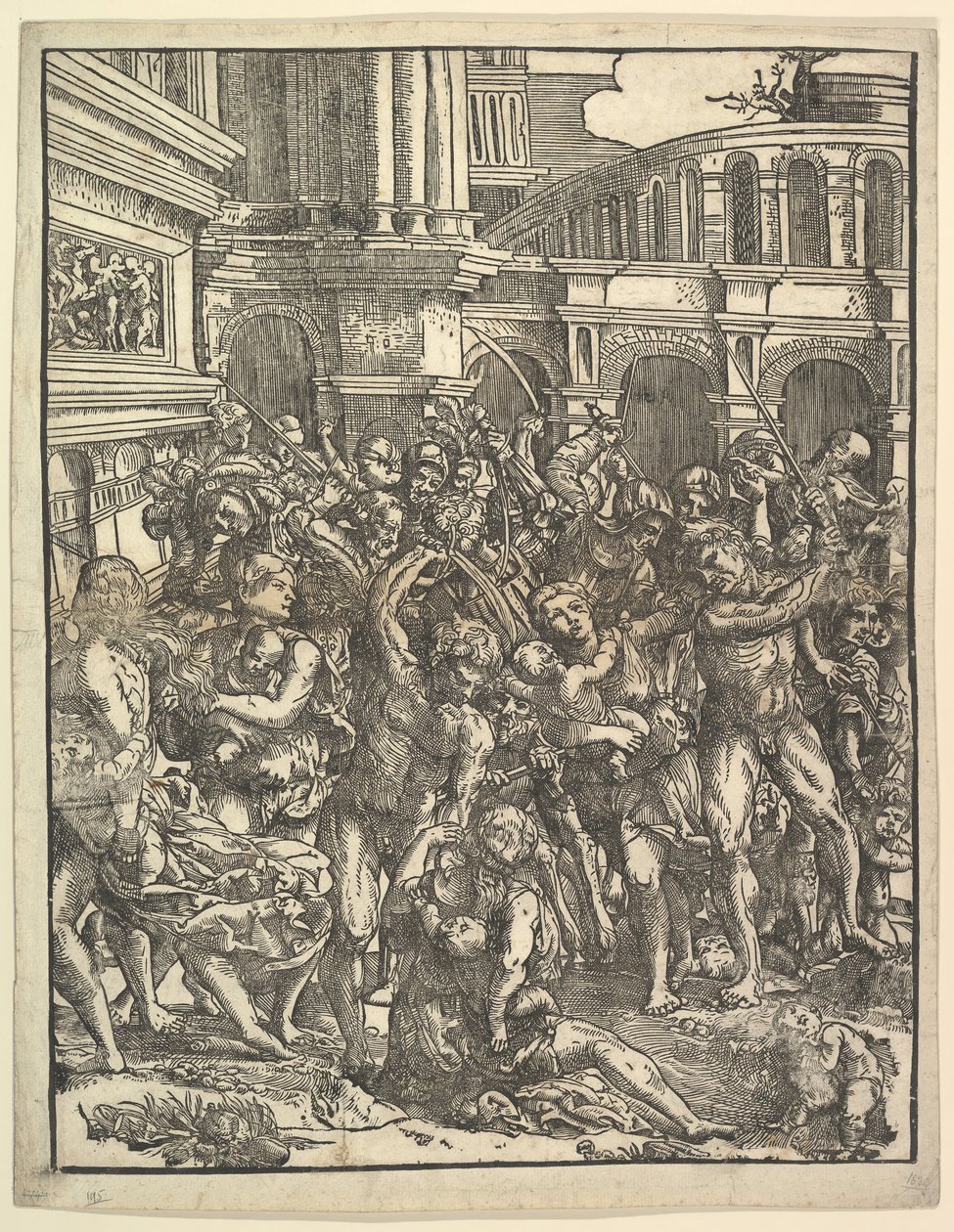The Massacre of the Innocents Højre side med en gruppe af mandlige skikkelser, der angriber kvinder og ..., 1517. af Domenico Campagnola