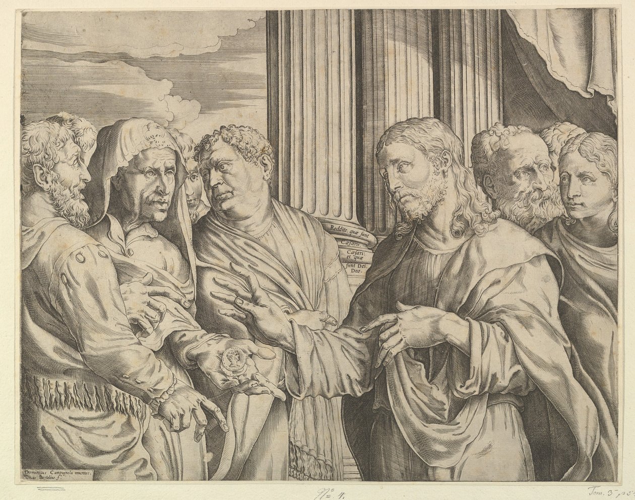 Hyldestpengene: Kristus i midten til højre og gestikulerer til manden til venstre med mønter ..., ca. 1564-89. af Domenico Campagnola